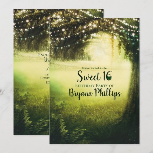 Green Glow Forest & String Lights Sweet 16 Party Kaart (Voorkant / Achterkant)