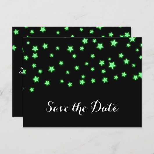 Green Glowing Stars Verjaardagsfeest Save the Date Aankondigingskaart (Voorkant / Achterkant)