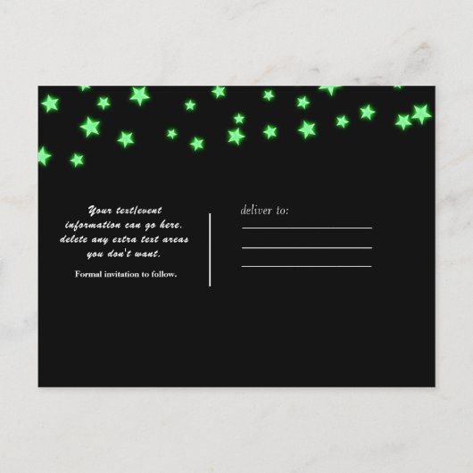 Green Glowing Stars Verjaardagsfeest Save the Date Aankondigingskaart (Achterkant)