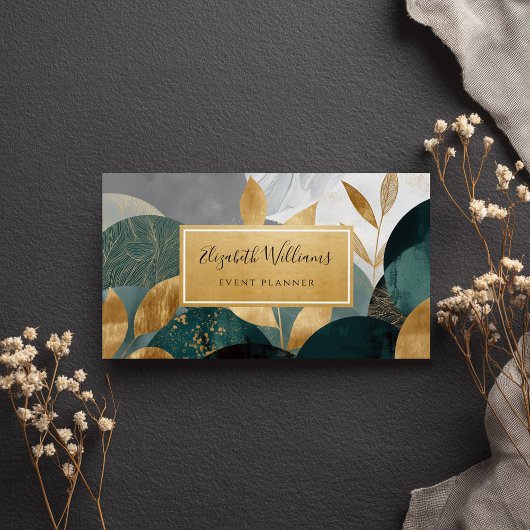Green Gold Abstract Leaves Business Cards Visitekaartje