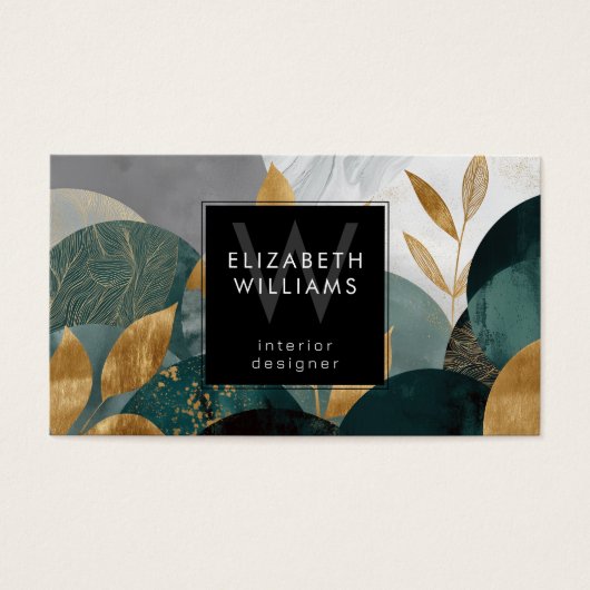 Green Gold Abstract Leaves Monogram Business Cards Visitekaartje (Voorkant)