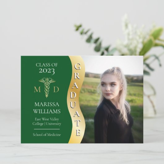 Green Gold Afstuderen Wave Caduceus MD Medical Afs Aankondiging (Staand voorkant)