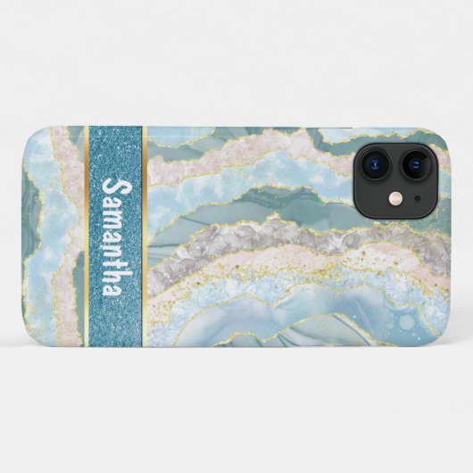 Green Gold Agate Glitter Name Elegant Case-Mate iPhone Case (Achterkant (horizontaal))