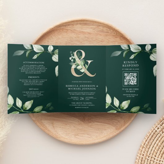 Green Gold Ampersand QR Code Emerald Wedding Drieluik Uitnodiging
