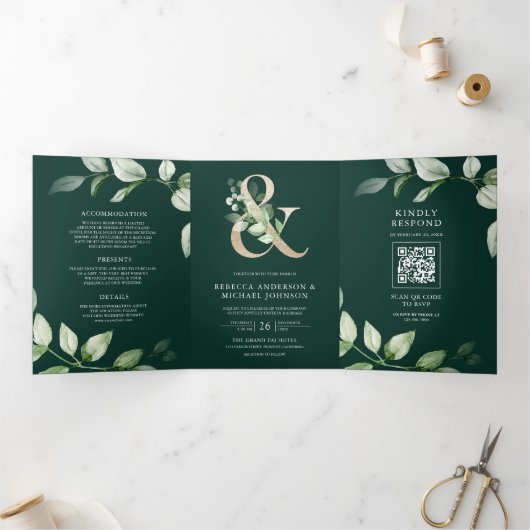 Green Gold Ampersand QR Code Emerald Wedding Drieluik Uitnodiging (Binnen)