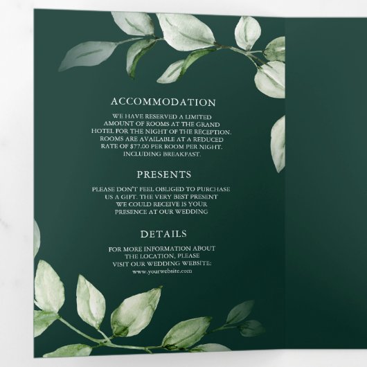 Green Gold Ampersand QR Code Emerald Wedding Drieluik Uitnodiging (Binnenzijde eerst)