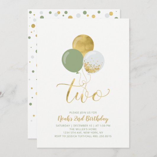 Green & Gold Balloons Boy 2e verjaardag Kaart (Voorkant / Achterkant)