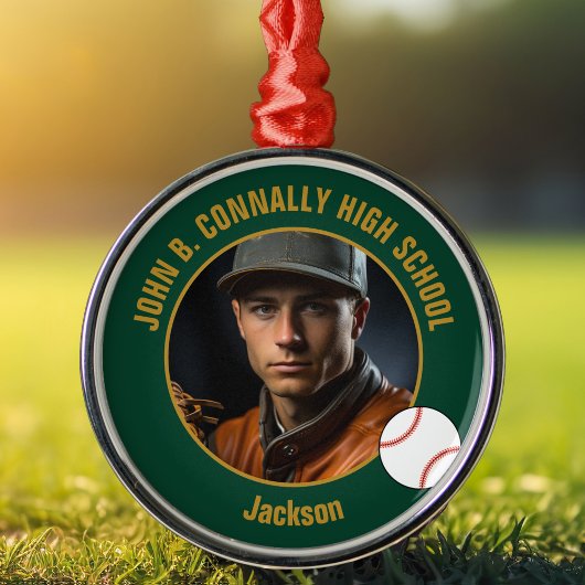 Green Gold Baseball Player Photo Christmas Metalen Ornament