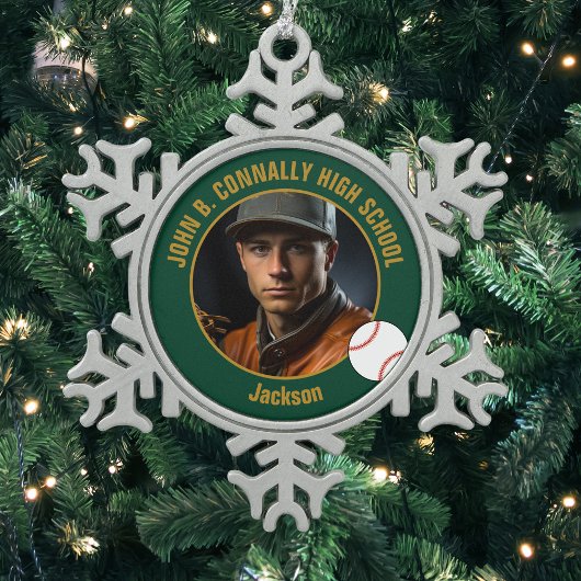 Green Gold Baseball Player Photo High School Tin Sneeuwvlok Ornament
