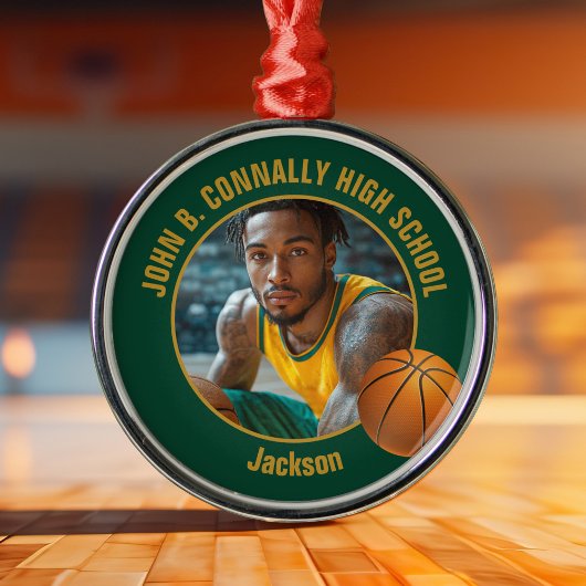 Green Gold Basketball Player Photo Christmas Metalen Ornament