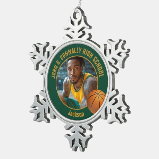 Green Gold Basketball Player Photo Tin Sneeuwvlok Ornament (Rechts)