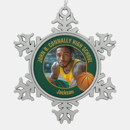 Green Gold Basketball Player Photo Tin Sneeuwvlok Ornament (Voorkant)