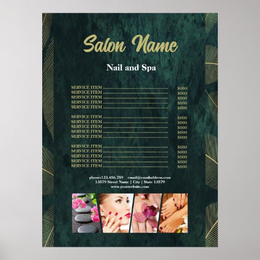 Green Gold Beauty Nail Salon prijslijst menu Poster (Voorkant)