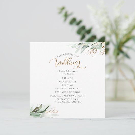 Green Gold bladeren Elegant bruiloft programma Programmakaart (Staand voorkant)