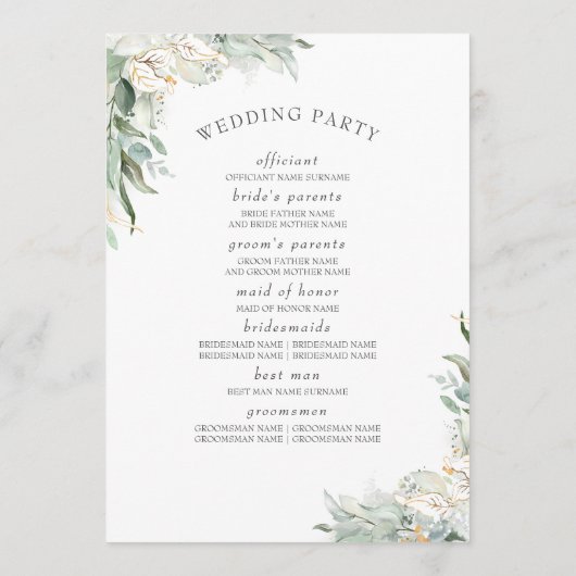 Green Gold bladeren Elegant bruiloft programma Programmakaart (Achterkant)