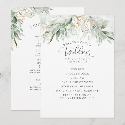 Green Gold bladeren Elegant bruiloft programma Programmakaart (Voorkant / Achterkant)