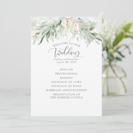 Green Gold bladeren Elegant bruiloft programma Programmakaart (Staand voorkant)