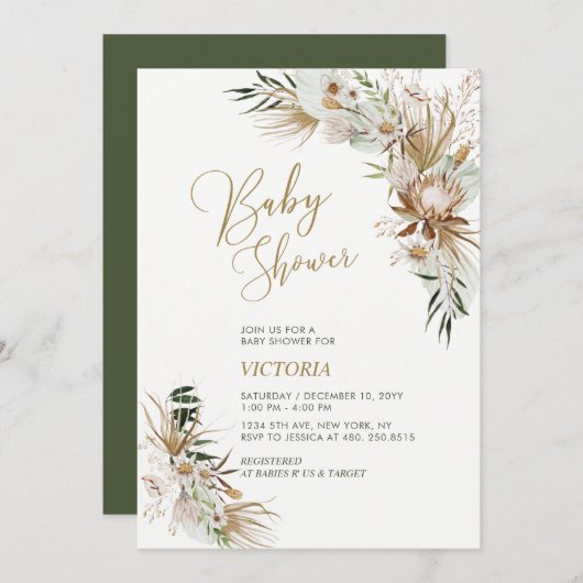 Green & Gold Boho Botanical Baby shower Invitation Kaart (Voorkant / Achterkant)