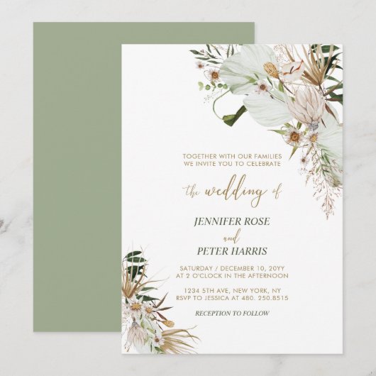 Green & Gold Boho Botanical Fall Wedding Invitati Kaart (Voorkant / Achterkant)
