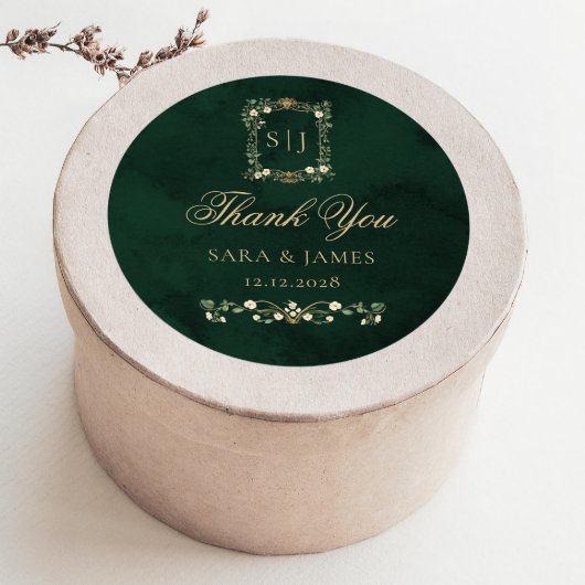 Green Gold Botanical Crest Wedding Thank you Ronde Sticker