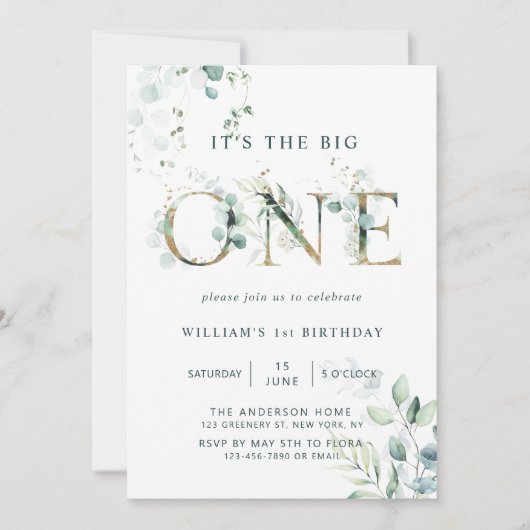 Green & Gold Botanical Letters First Birthday Kaart (Voorkant)