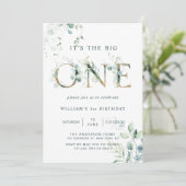 Green & Gold Botanical Letters First Birthday Kaart (Staand voorkant)