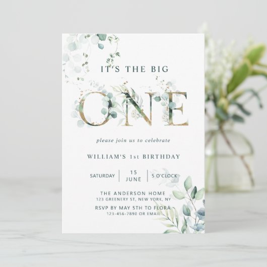 Green & Gold Botanical Letters First Birthday Kaart (Staand voorkant)