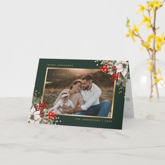 Green Gold Botanical Photo Christmas Card Kaart (Gele Bloem)