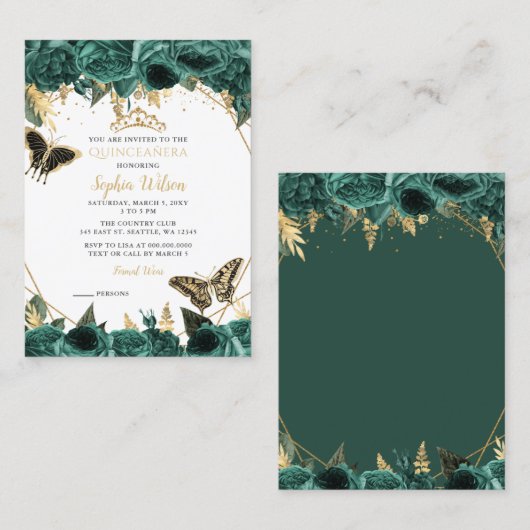 Green Gold Butterfly Quinceañera Mini Uitnodiging (Voorkant / Achterkant)