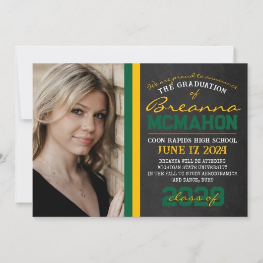 Green & Gold Chalkboard Afstuderen Aankondiging (Voorkant)