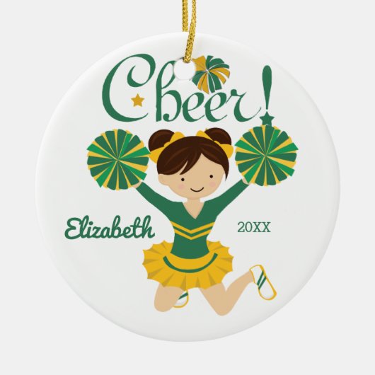 Green & Gold Cheer Dark Hair Cheerleader Ornament (Voorkant)