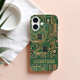 Green Gold Circuit Board Personalized  iPhone 16 Hoesje