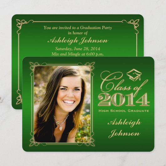Green, Gold Class of 2014 Photo Afstudeerder Invit Kaart (Voorkant / Achterkant)