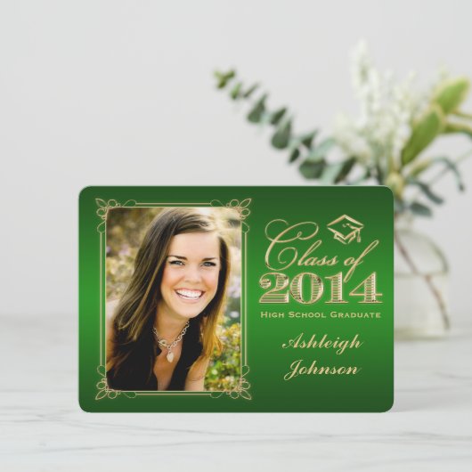 Green, Gold Class of 2014 Photo Afstudeerder Invit Kaart (Staand voorkant)