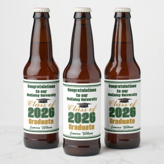Green Gold Class of 2026 Custom Graduation Party Bier Etiket (Flessen)