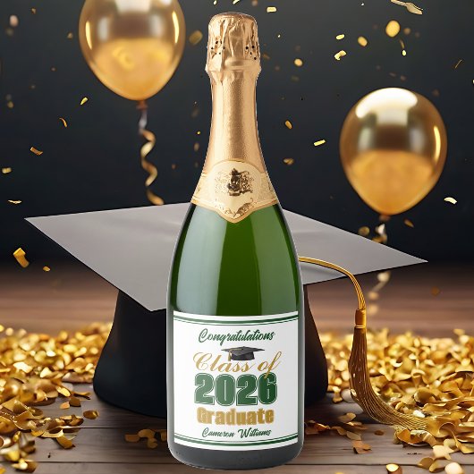 Green Gold Class of 2026 Graduation Party Sparkling Wijnetiket