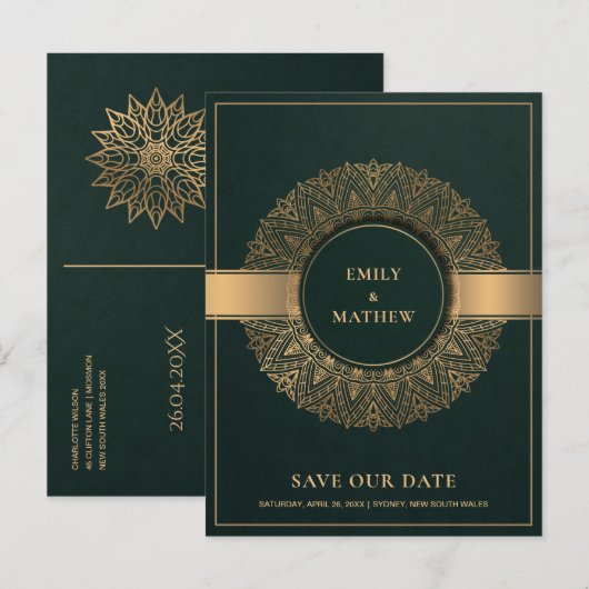 GREEN GOLD CLASSIC  MANDALA BEWAART DE DATUM AANKONDIGINGSKAART (Voorkant / Achterkant)