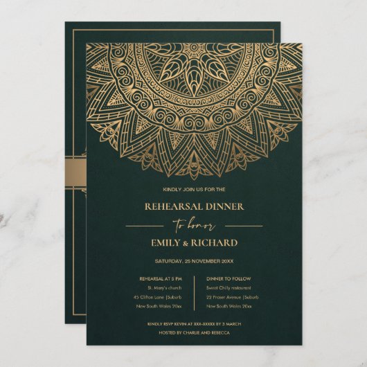 GREEN GOLD CLASSIC MANDALA REHEARSAL DINNER KAART (Voorkant / Achterkant)