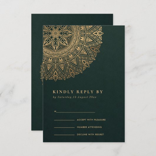 GREEN GOLD CLASSIC MANDALA WEDDING RSVP (Voorkant / Achterkant)