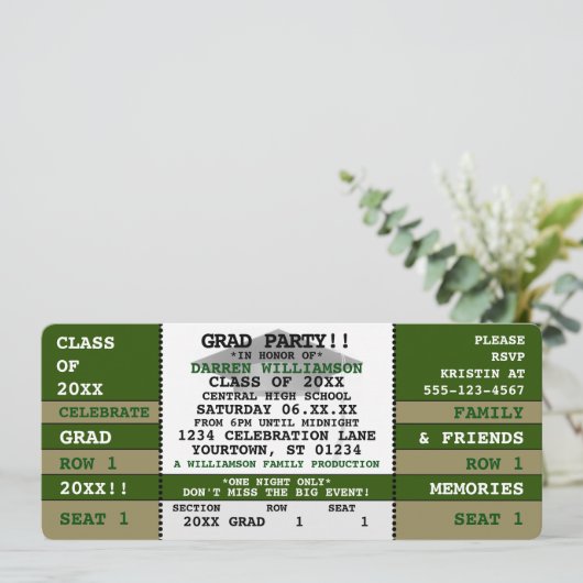 Green|Gold Concert Ticket Afstudeerder Party Invit Kaart (Staand voorkant)