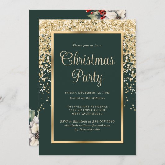Green Gold Confetti Botanical Christmas Party Kaart (Voorkant / Achterkant)