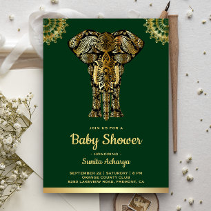 Green Gold Elephant Indian Baby shower Kaart