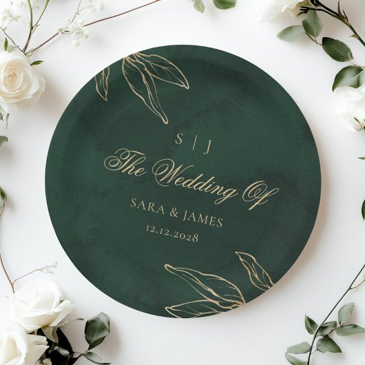 Green Gold Emerald Botanical  Enchanted Wedding Papieren Bordje