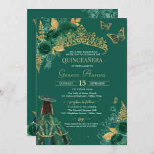 Green Gold Emerald Charro Butterfly Quinceañera Kaart