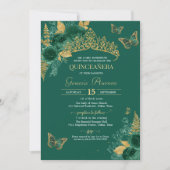 Green & Gold Emerald Floral Butterfly Quinceañera Kaart (Voorkant)