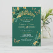 Green & Gold Emerald Floral Butterfly Quinceañera Kaart (Staand voorkant)
