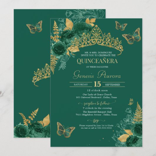 Green & Gold Emerald Floral Butterfly Quinceañera Kaart (Voorkant / Achterkant)