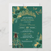 Green Gold Emerald Roos Flor Butterfly Quinceañera Kaart (Voorkant)