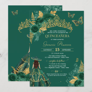 Green Gold Emerald Roos Flor Butterfly Quinceañera Kaart