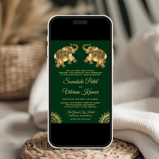Green Gold Ethnic Elephants Indian Wedding Invite Kaart